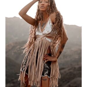 Silver sequin and Tan Fringe festival Top